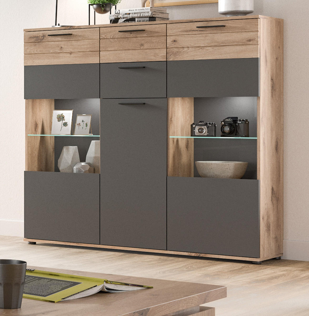 HIGHBOARD Eiche, grau 140 x 134 cm, Schrank mit Soft-Close, Wohn- und Esszimmermöbel - Eichefarben/Schwarz, Holzwerkstoff/Kunststoff (140/134/37cm) - Inn.Furn