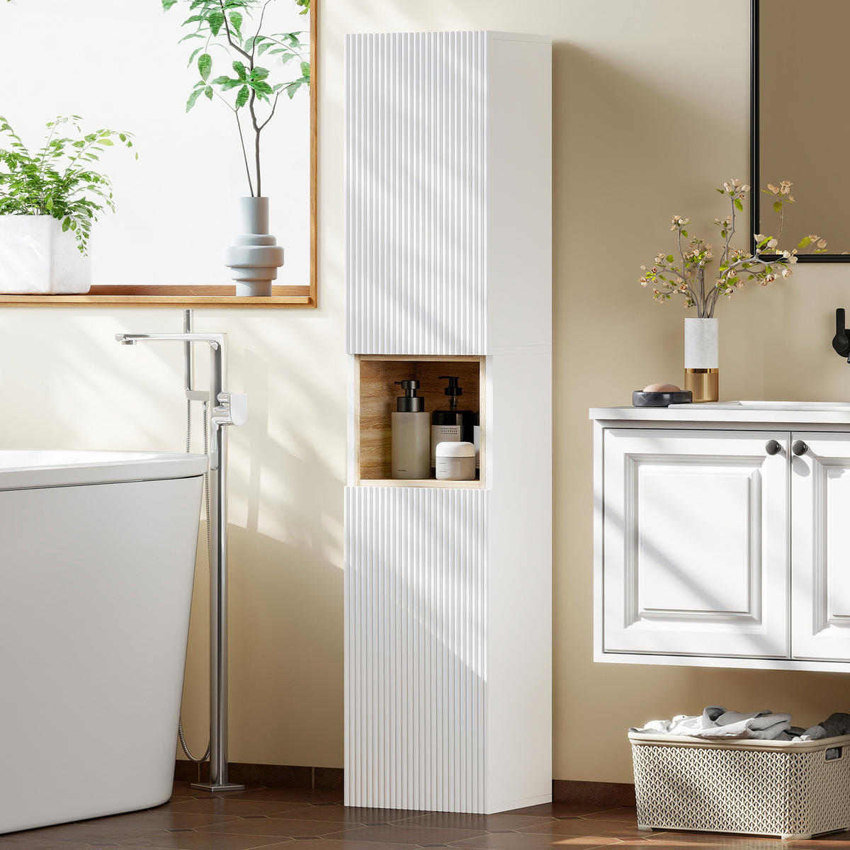 BADEZIMMERSCHRANK aus MDF 30/24/140 cm Weiß - Weiß, Holzwerkstoff (24/140/30cm) - HOMCOM