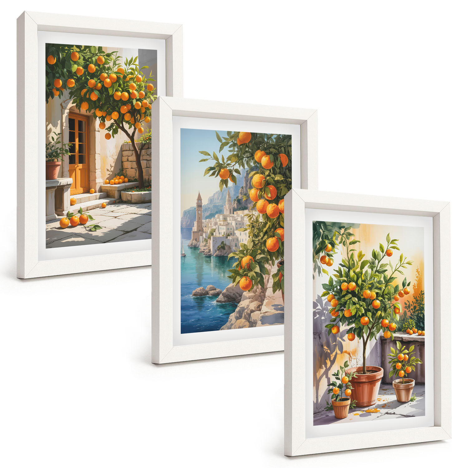 BILDER SET 3er Set - 20x30 cm Weißer Rahmen - Gemalte Zitruslandschaften - Weiß, Kunststoff (20/30cm) - TULUP