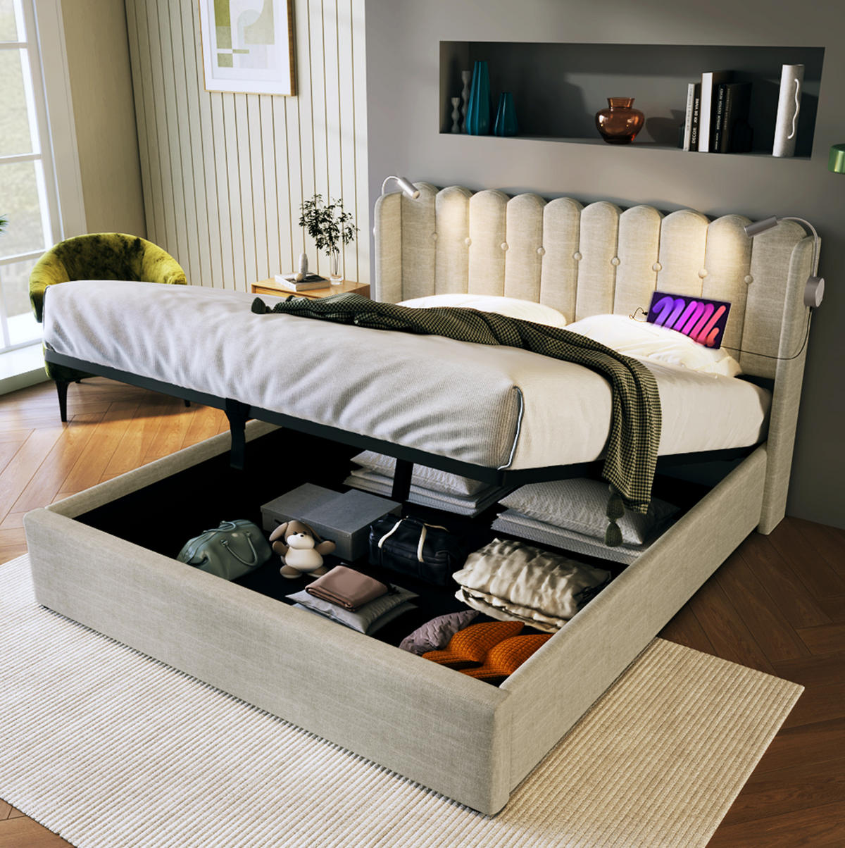 BETT mit Bettkasten, USB und Leselicht 160x200 cm Leinen Natural - Beige, Metall (160/200cm) - Meubliv