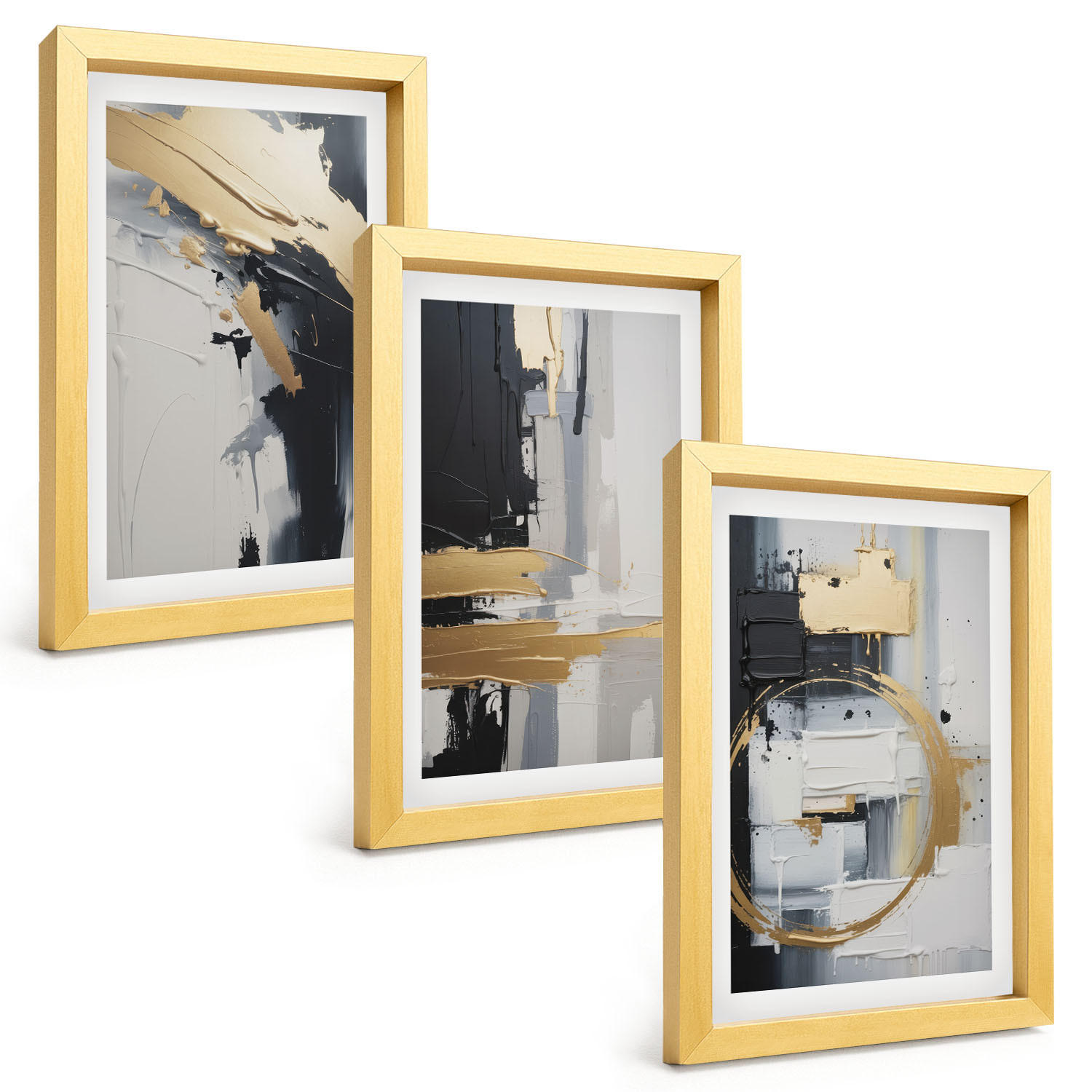 BILDER SET 3er Set - 20x30 cm Goldrahmen - Abstrakte Schwarz-Weiß-Malerei - Goldfarben, Kunststoff (20/30cm) - TULUP