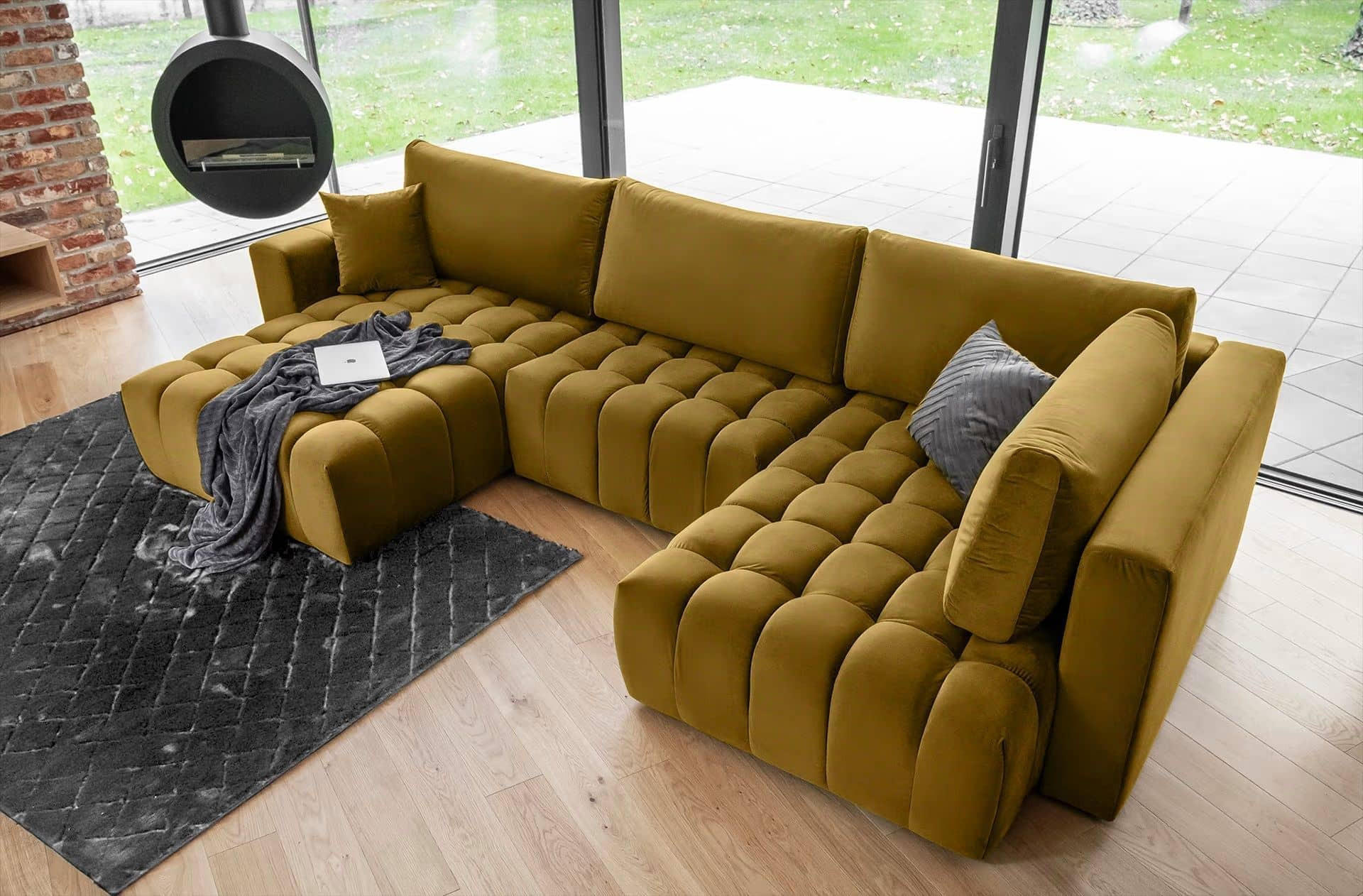 WOHNLANDSCHAFT mit Schlaffunktion und Bettkasten - Gelb/Schwarz, Kunststoff/Textil (340/92/170cm) - Eltap
