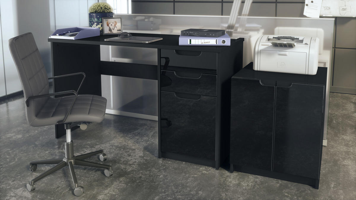 BÜROMÖBELSET Paris Schwarz Hochglanz - Schwarz Hochglanz, Holzwerkstoff (60/180/76cm) - Vladon