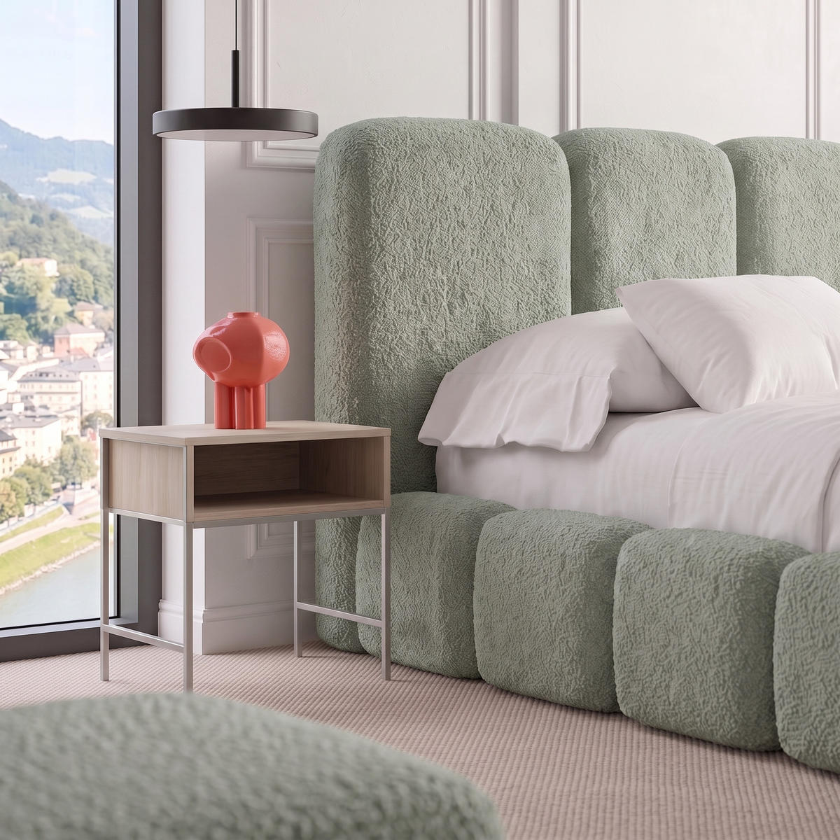 POLSTERBETT SUENO MAXI 160x200 cm in Mintgrün, gepolstertes Kopfteil, Metalllattenrost, Bettkasten, Bouclé-Stoff - Naturfarben/Mintgrün, Holz/Textil (160/200cm) - Muffo