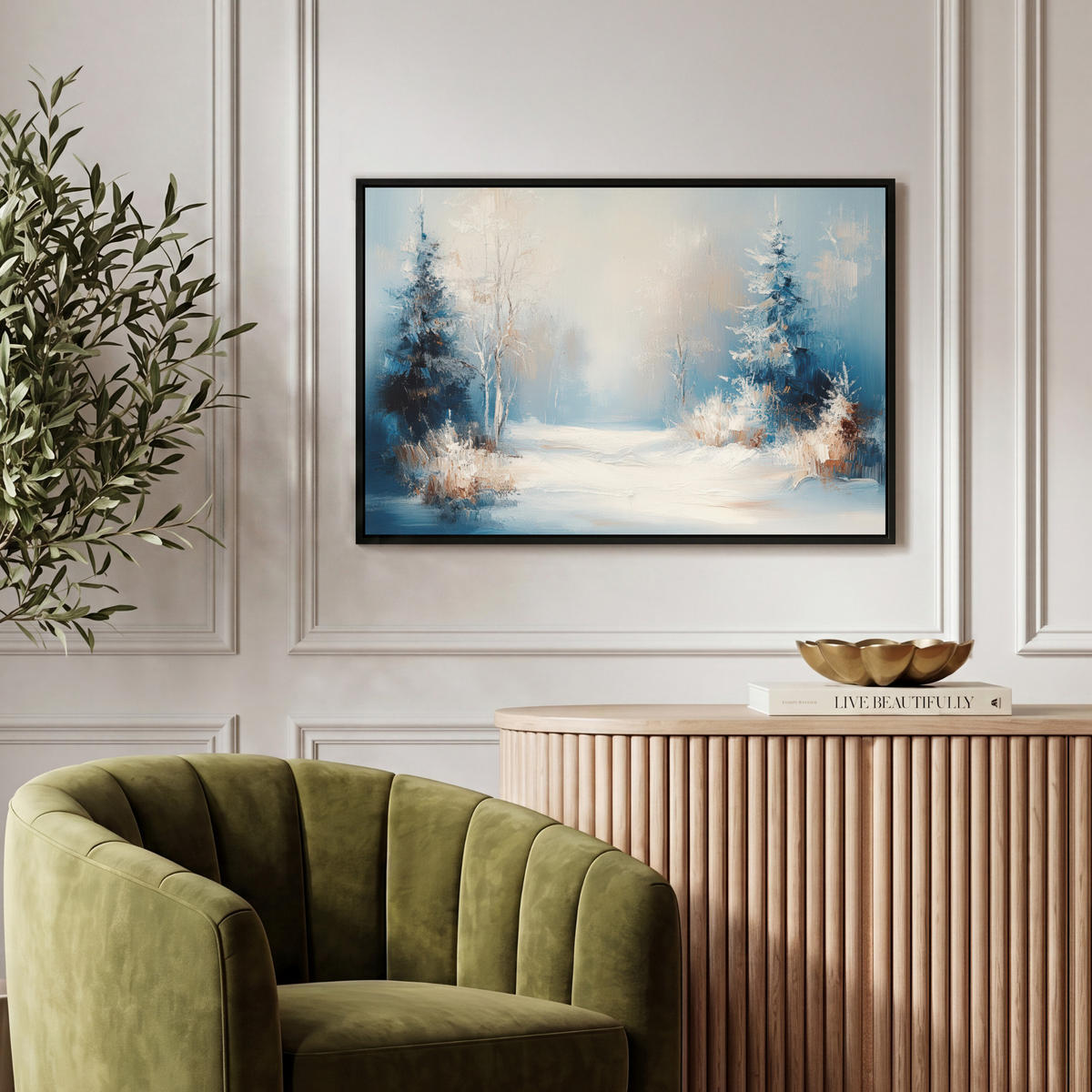LEINWAND Bilder mit Rahmen - Wald – Winter – Natur – Abstrakt – Schnee - 60x40 - Weiß, Textil (60/40cm) - MuchoWow