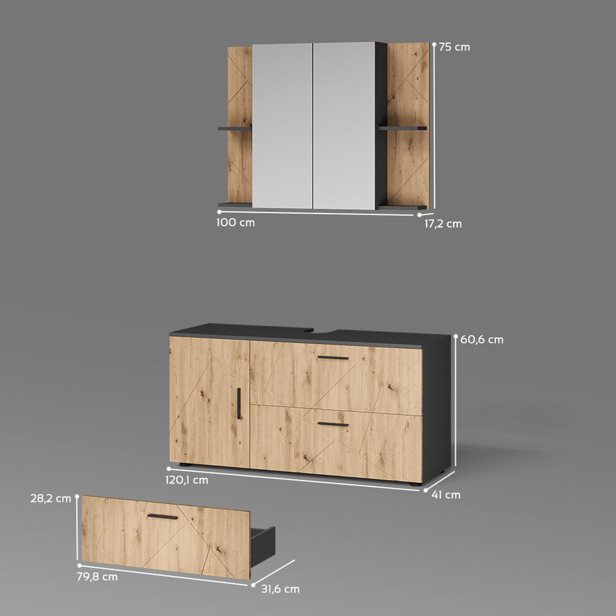 KOMPLET KOPALNIŠKEGA POHIŠTVA Ronco, Antracit/Obrtniški hrast, 2-delni - antracit/hrast artisan, leseni material (120/60.6/41cm) - Livinity®