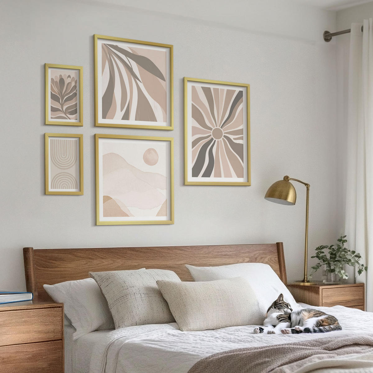 BILDER SET 5er Set - 50x50 cm & 20x30 cm & 40x60 cm Goldrahmen - Abstrakte Pflanzenmuster - Goldfarben, Kunststoff (40/60cm) - TULUP