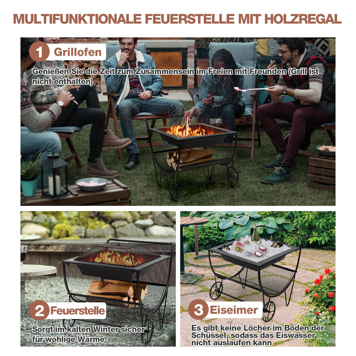 BRENNHOLZREGAL Schwarz - Schwarz, Metall (59/57/76cm) - COSTWAY