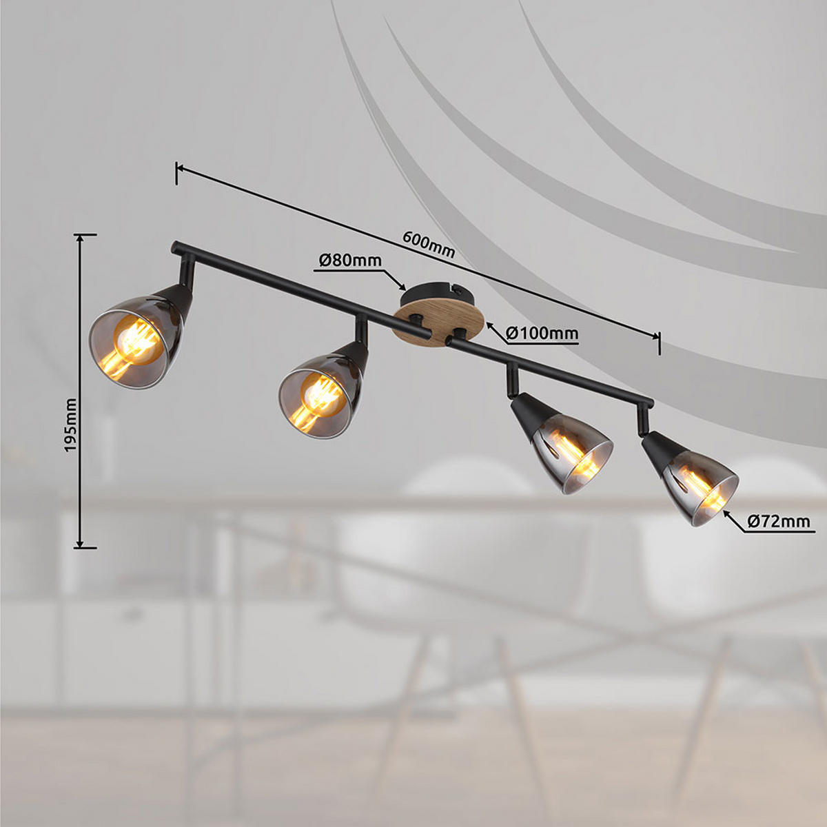 DECKENLEUCHTE Metall Glas Rauchfarben Schwarz - Schwarz, Holz (60/10/19cm) - Globo Lighting