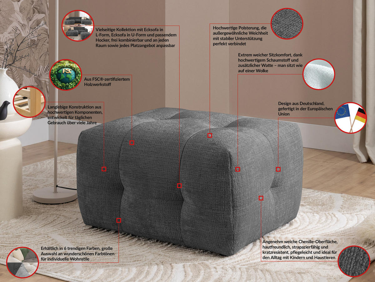 ECKSOFA inkl. Hocker Kozy im Bumpy-Design mit Schlaffunktion und fester Rückenlehne aus weichem Grau Chenille-Stoff - Ottomane rechts - Schwarz/Grau, Holz/Kunststoff (234/161cm) - S-Style Möbel