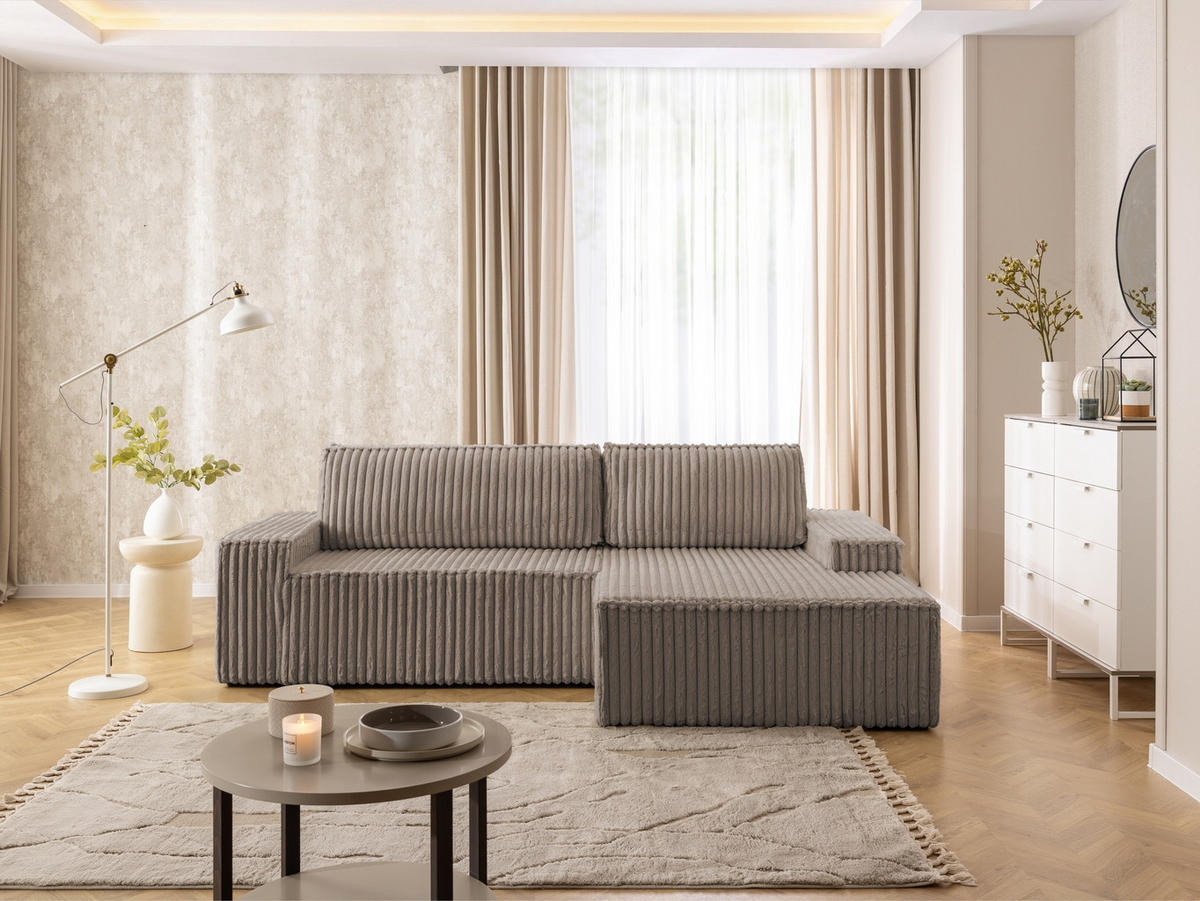 ECKSOFA Rivio mit Schlaffunktion und Bettkasten, Plüschcord Taupe - Taupe/Schwarz, Holz/Kunststoff (262/149cm) - S-Style