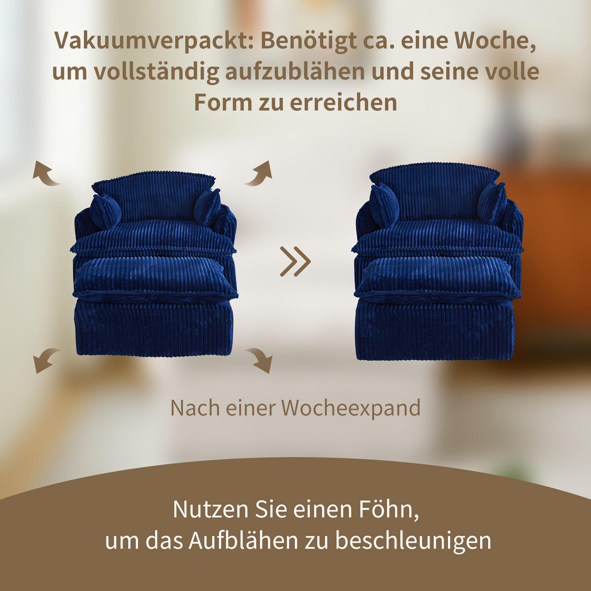 SESSEL DE-35257 mit Hocker Blau - Blau, Textil (89/77/115cm) - ComfortXL