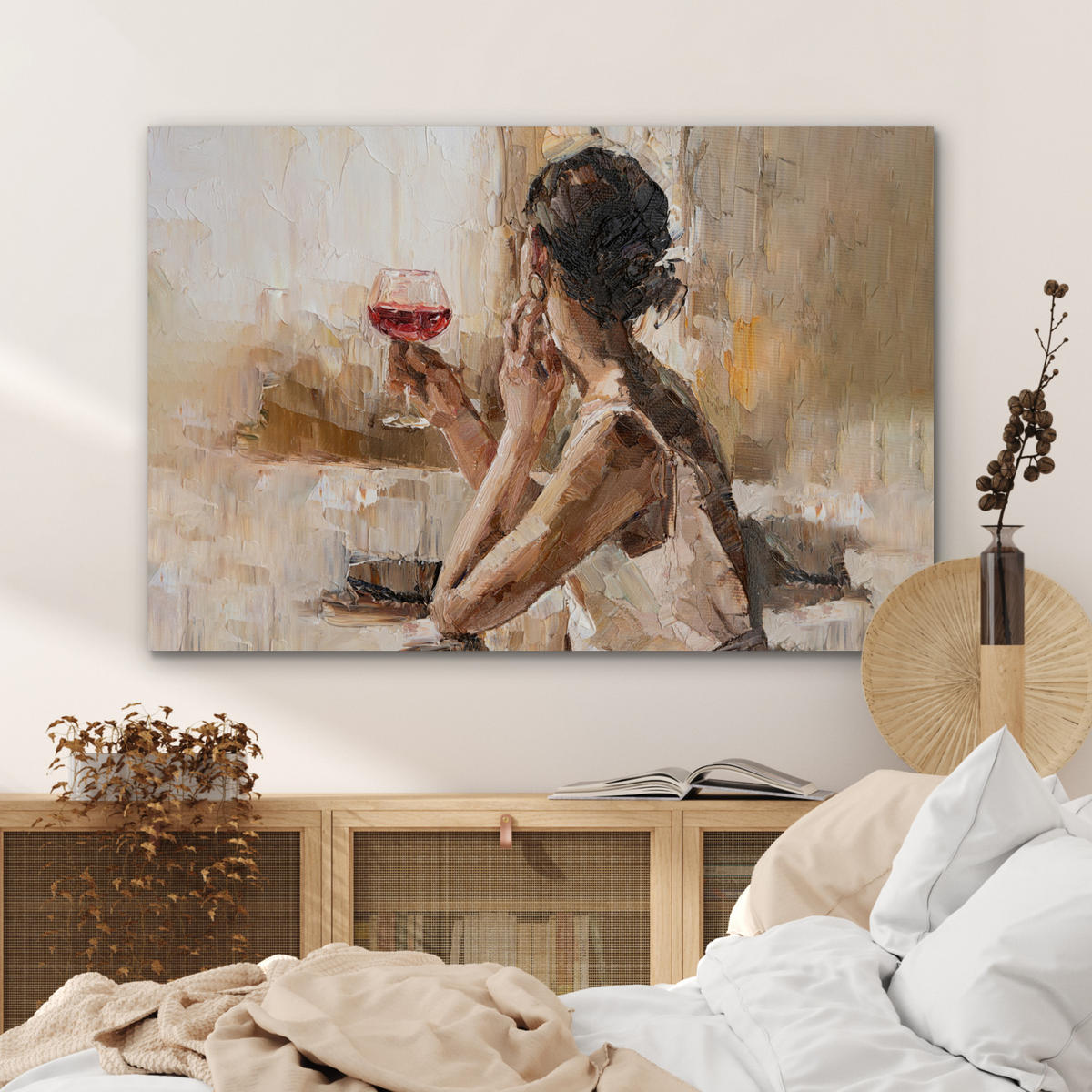 METALLBILD Ölgemälde - Frau - Wein 90x60 cm - Hellbraun, Metall (90/60cm) - MuchoWow