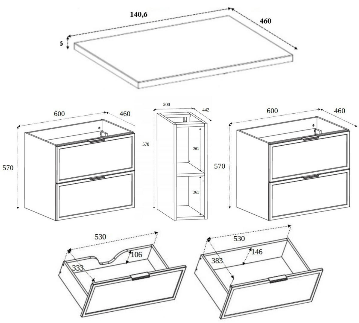 BADEZIMMERSCHRANK, Kaschmir, Schwarze Griffe, 140 ( 2 x 60 + 20) x 46 x 57 cm - Kaschmir/Schwarz, Holzwerkstoff/Kunststoff (140/57/46cm) - 3XE LIVING