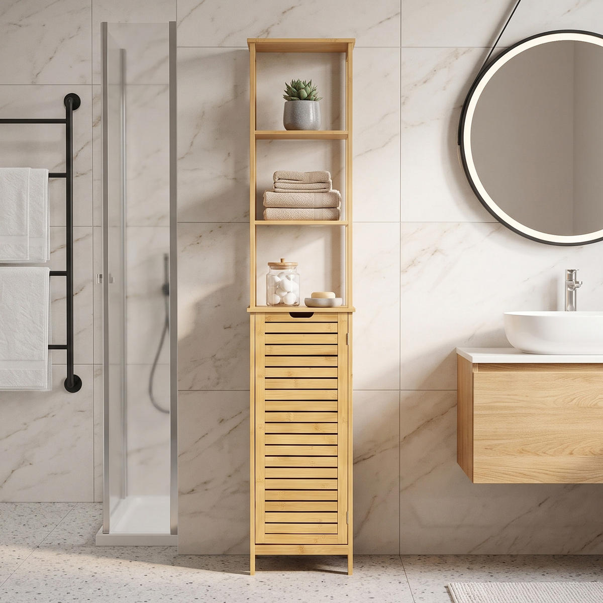 BADEZIMMERSCHRANK Bambus Hochschrank mit 3 offenen Fächern & Lamellentür - Naturfarben, Naturmaterialien (34/173/30cm) - Urban Meuble