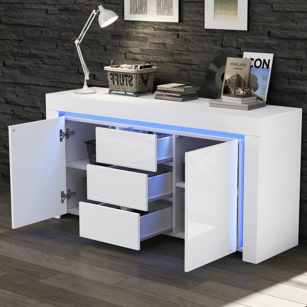 SIDEBOARD 140/40/65 cm in Weiß mit 2 Türen, 3 Schubladen und LED-Beleuchtung - Weiß, Holzwerkstoff (140/65/40cm) - Flora Grace