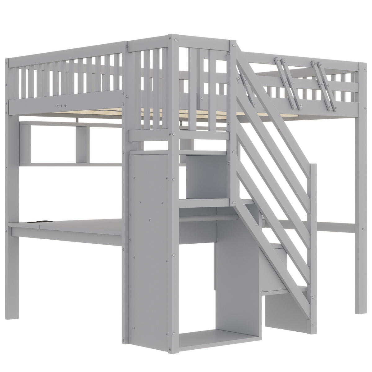 HOCHBETT 140/200 cm mit Stauraumtreppe und Schreibtisch, DE-01497, in Grau - Grau, Holzwerkstoff (140/200cm) - ComfortXL