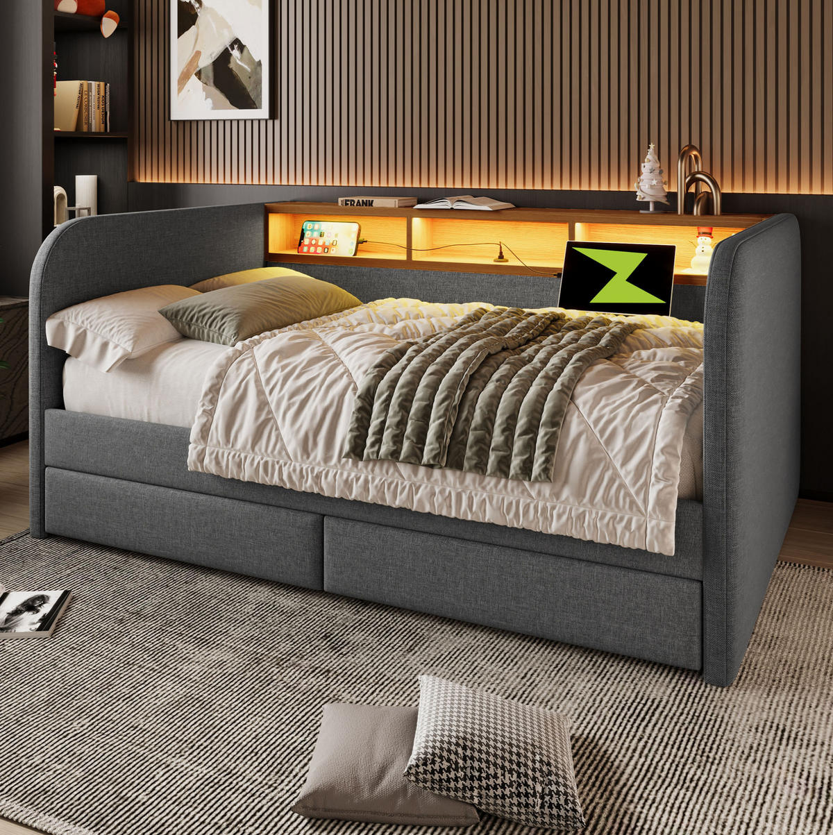 ČALOUNĚNÁ postel z lnu, 140/190 cm šedá, s LED osvětlením, USB-C nabíjením a úložnými zásuvkami - šedá, textil (140/190cm) - BEAOK