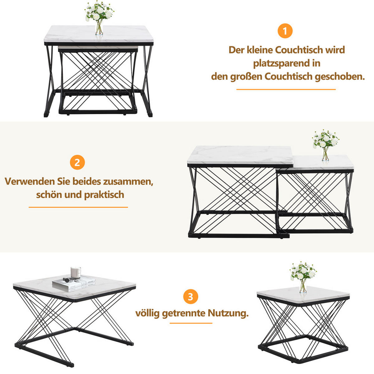 COUCHTISCH Set 2-tlg Quadratisch Hochglanz Marmoroptik Höhenverstellbar 30kg - Weiß, Holz (81.99/70/17.5cm) - FLIEKS