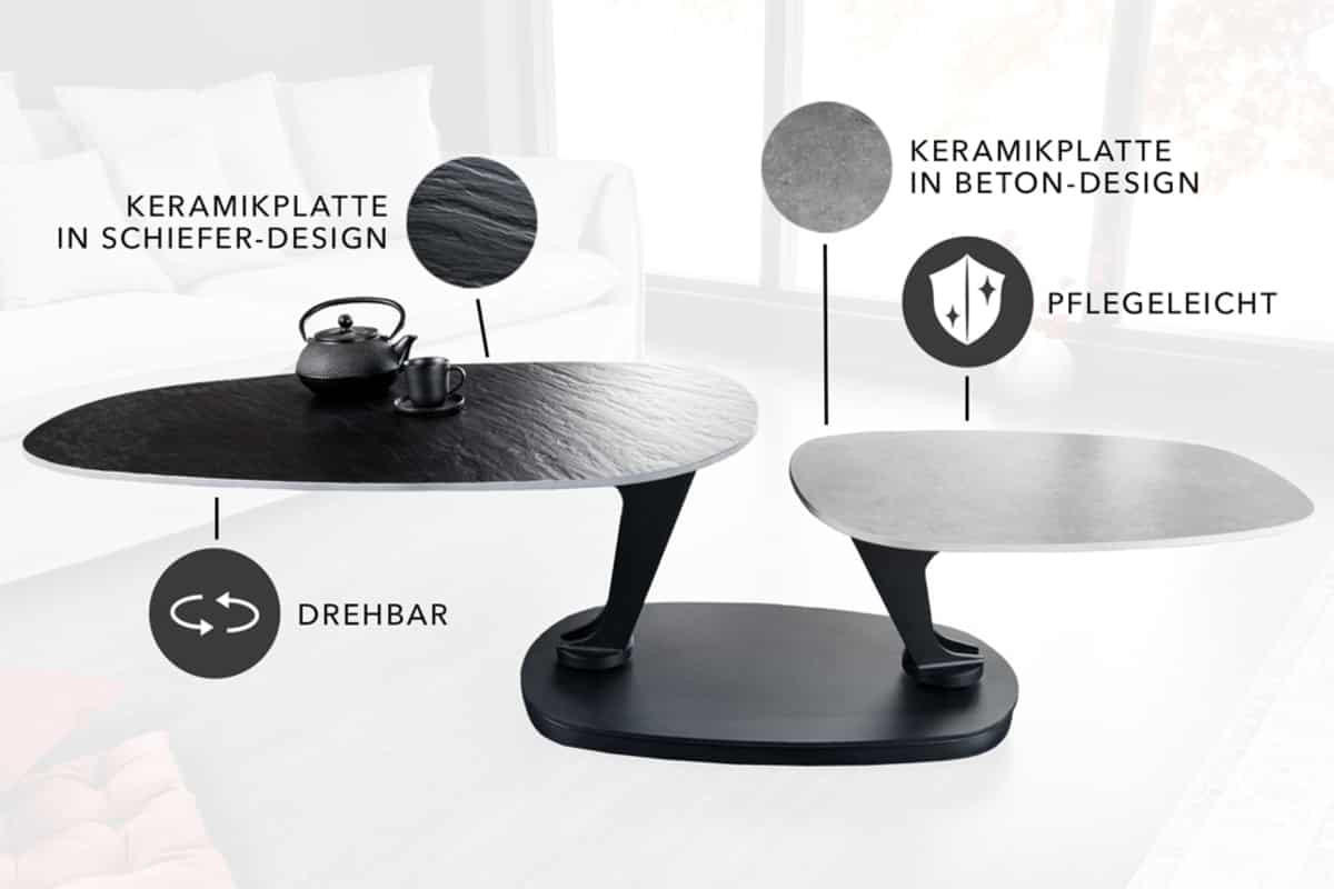 COUCHTISCH MOVEMENT Beton rund Grau|Schwarz 160cm - Goldfarben/Schwarz, Naturmaterialien/Keramik (110/160/40cm) - riess-ambiente