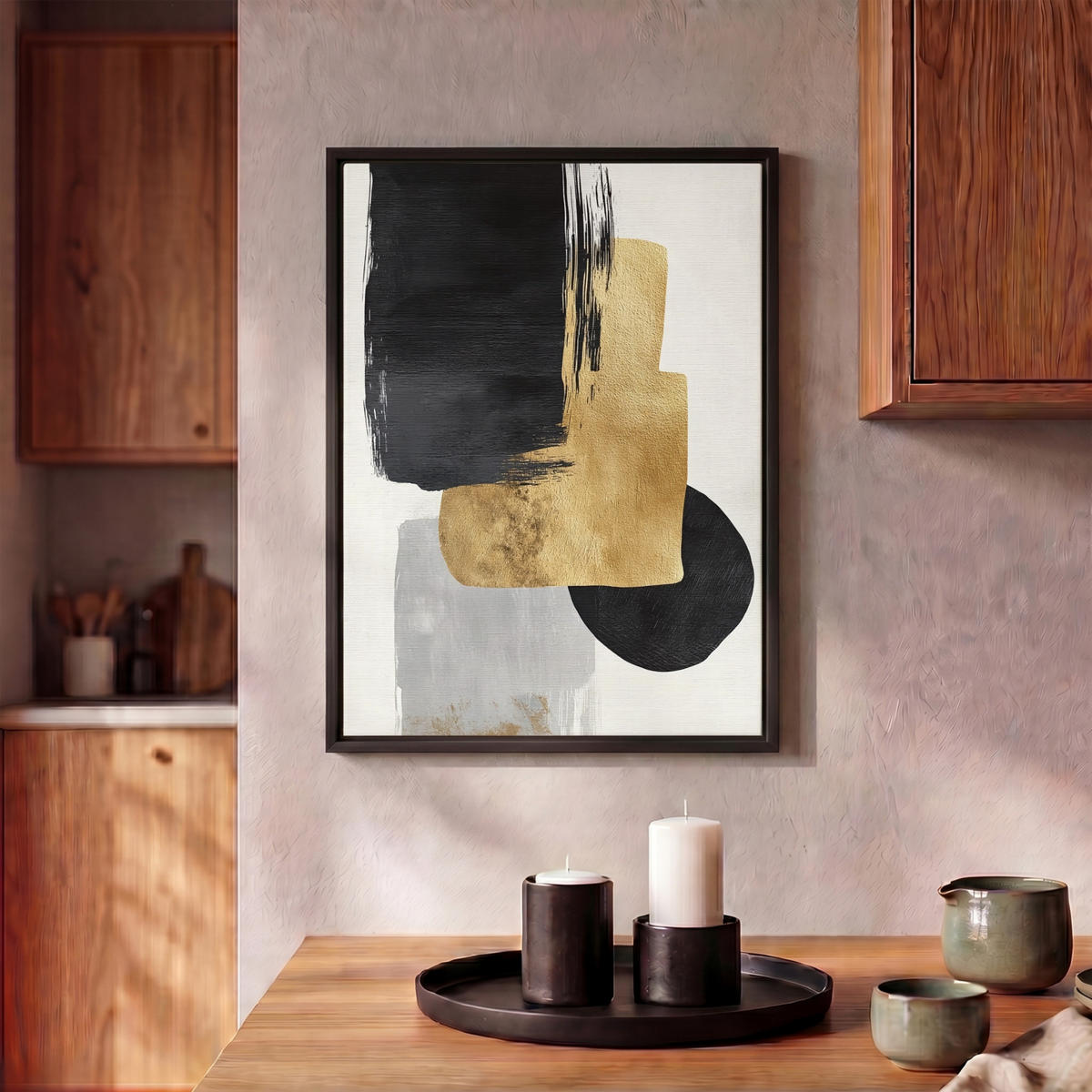 LEINWAND Bilder mit Rahmen - Gold - Rechtecke - Kreise - Abstrakt - 30x40 - Weiß, Textil (30/40cm) - MuchoWow