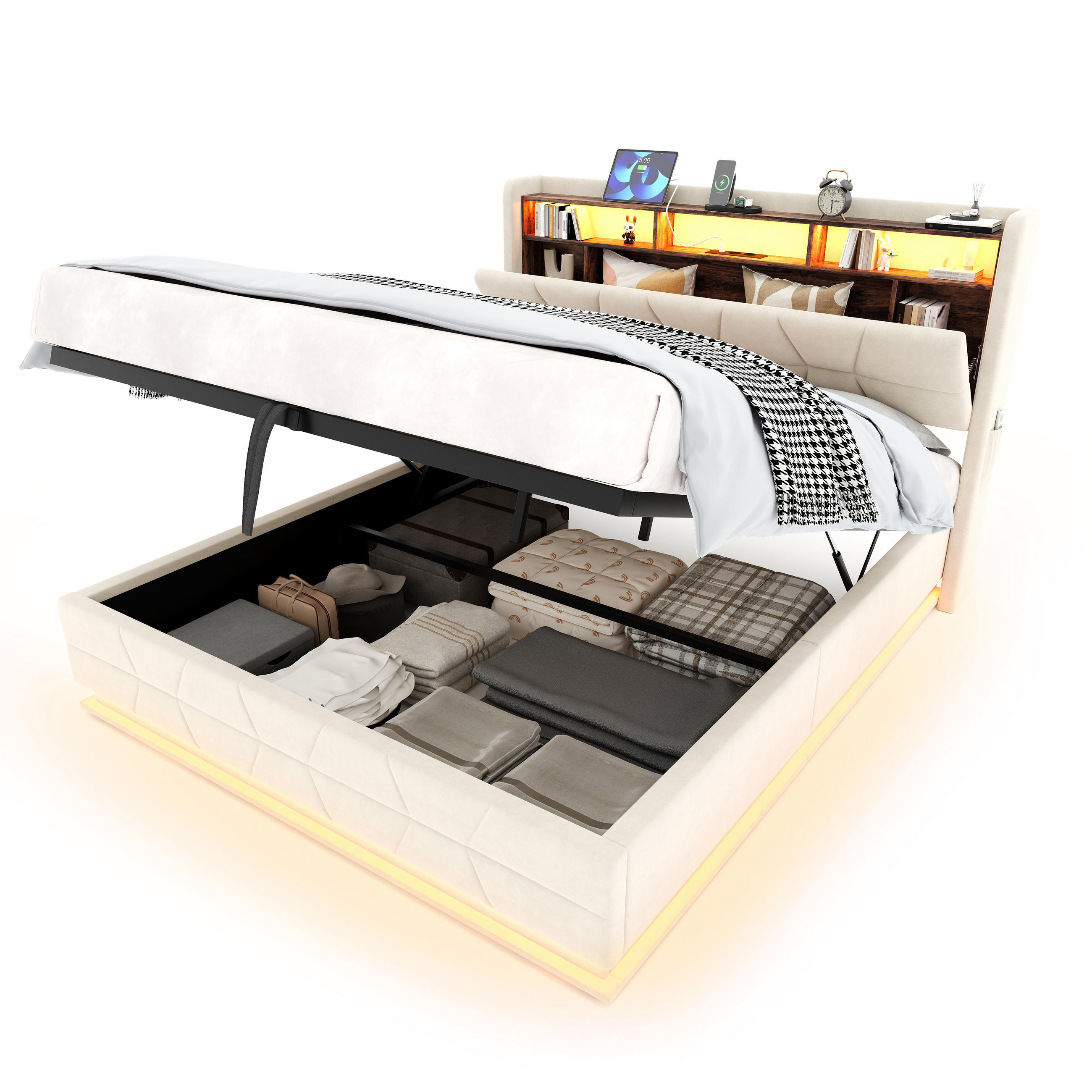 POLSTERBETT aus Samt 140x200 cm in Beige mit LED & USB/Type-C - Beige, Textil (140/200cm) - Modfu