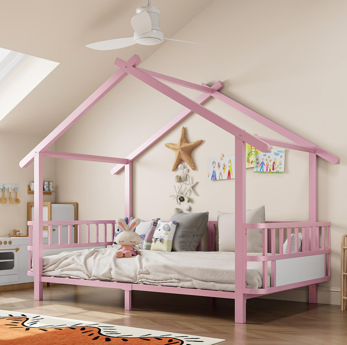 KINDERBETT Hausform 90/200 cm Rosa mit Dachdesign und Sicherheitsgitter ohne Matratze - Rosa, Metall (90/200cm) - MIVRAY