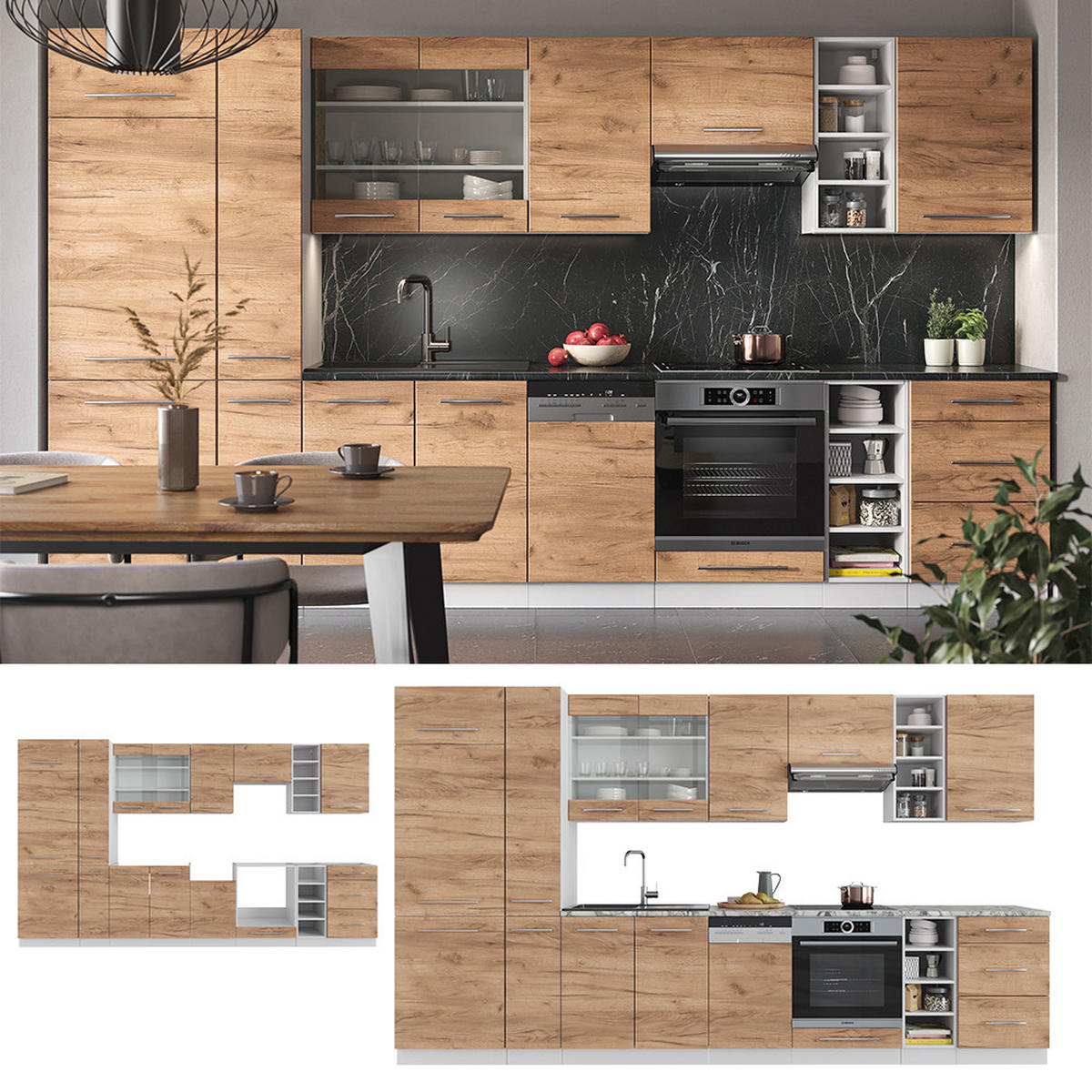 KÜCHENZEILE Fame-Line Goldkraft Eiche/Weiß 355 cm, AP Marmor - Honigeiche/Eiche Wotan, Holzwerkstoff (355/81.6/60cm) - Vicco