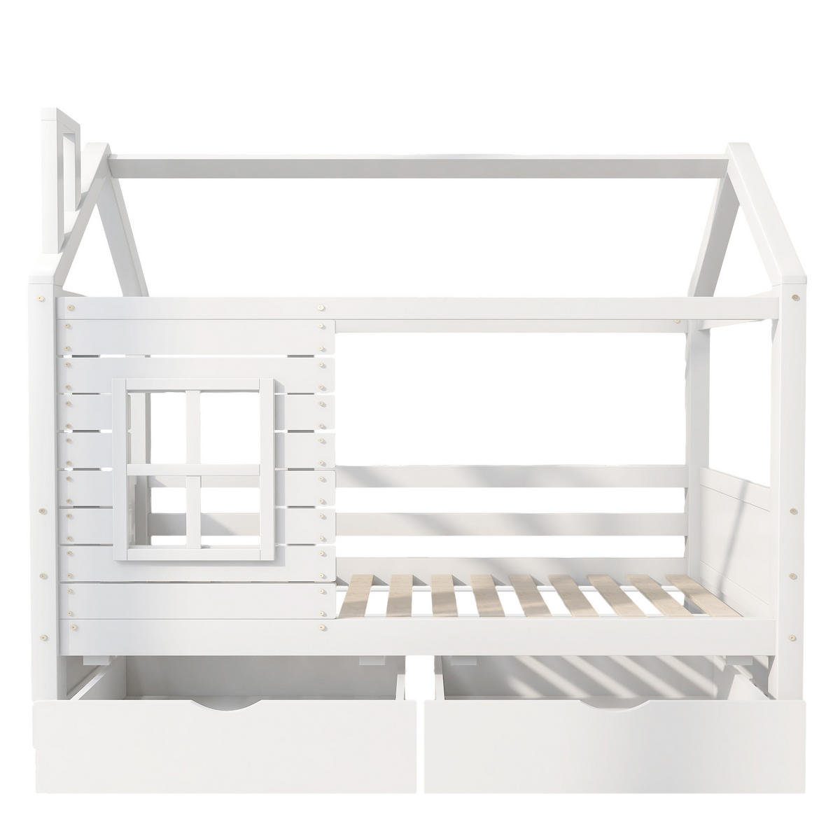 KINDERBETT 90/200 cm mit Rausfallschutz, Fensterdesign, Lattenrost und 2 Bettkästen, Weiß - Weiß, Holzwerkstoff (90/200cm) - Redom