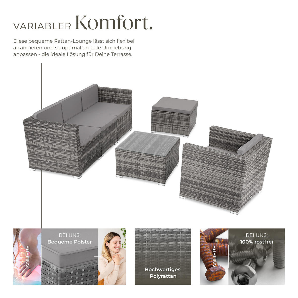 RATTANLOUNGE Lignano,variabel aufstellbar,grau - Grau, Kunststoff - tectake