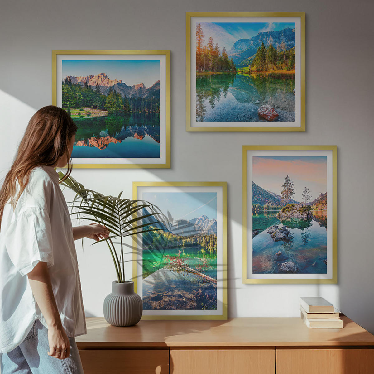 BILDER SET 4er Set - 50x50 cm & 40x60 cm Goldrahmen - Naturlandschaft der Bergseen - Goldfarben, Kunststoff (50/50cm) - TULUP