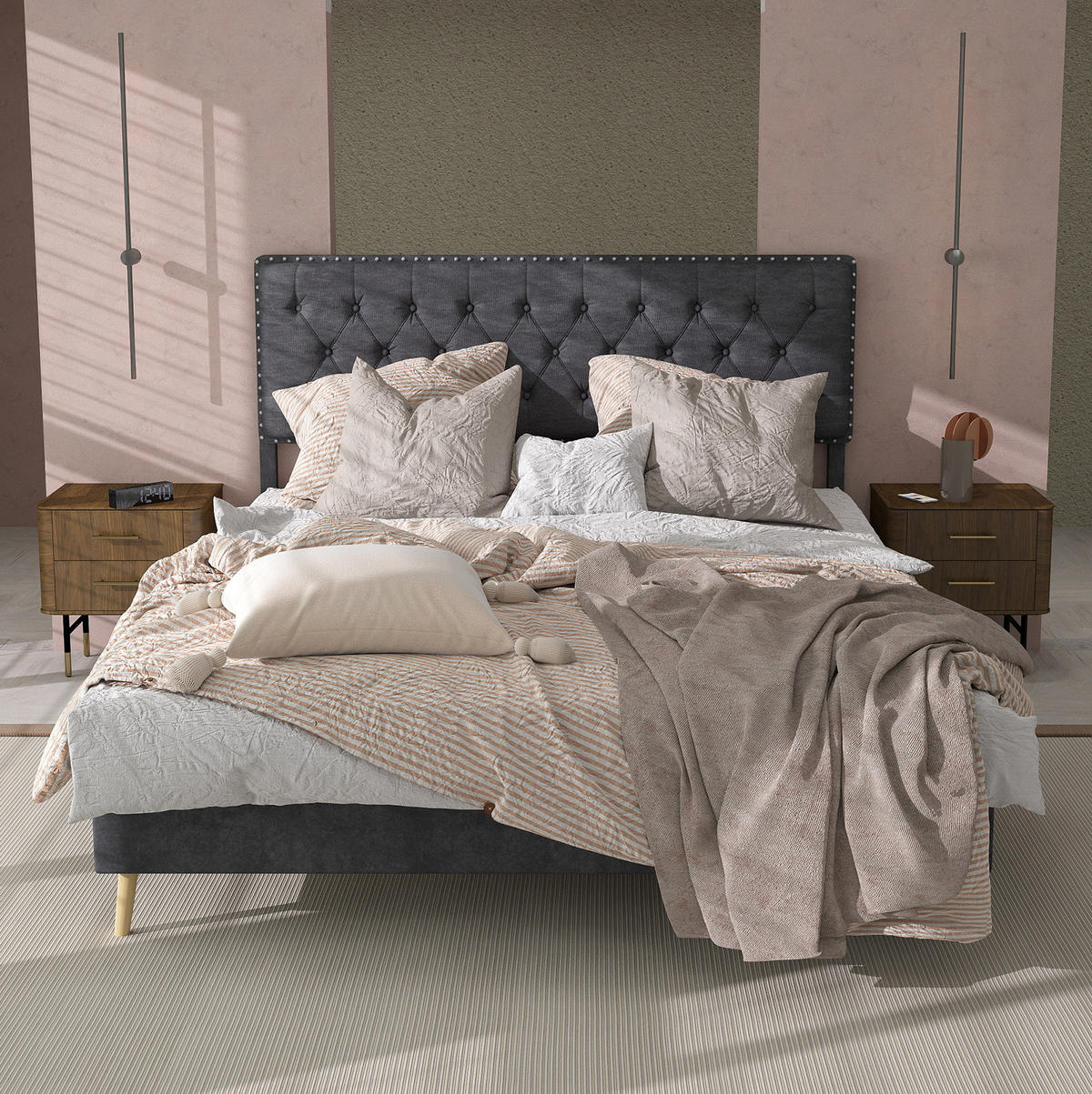 ČALOUNĚNÁ postel 140/200 cm šedá z látky a kovu s úložným prostorem - šedá, textil (140/200cm) - OKWISH