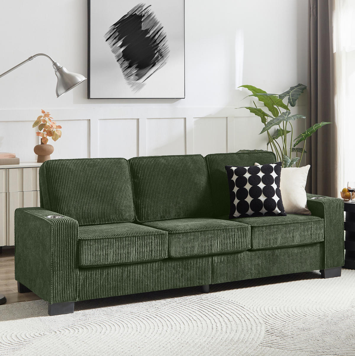 SOFA 3-Sitzer mit Getränkehaltern Cord Grün 206 cm - Grün, Holzwerkstoff (206/86/76cm) - Meubliv