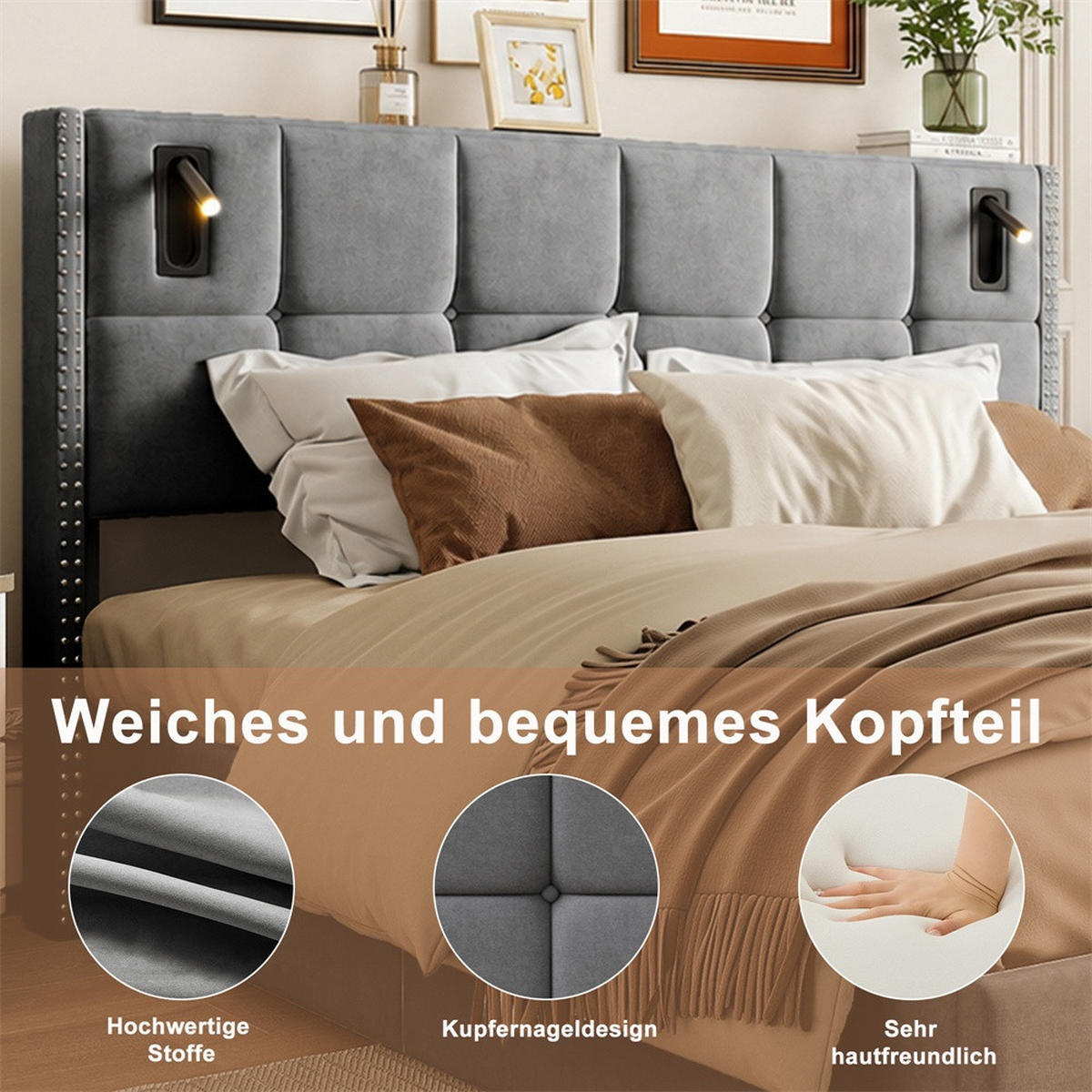 POLSTERBETT 140x200 cm - mit integrierten LED-Leseleuchten und hydraulischer Hebefunktion - ohne Matratze - Grau - Grau, Textil (140/200cm) - DELFA