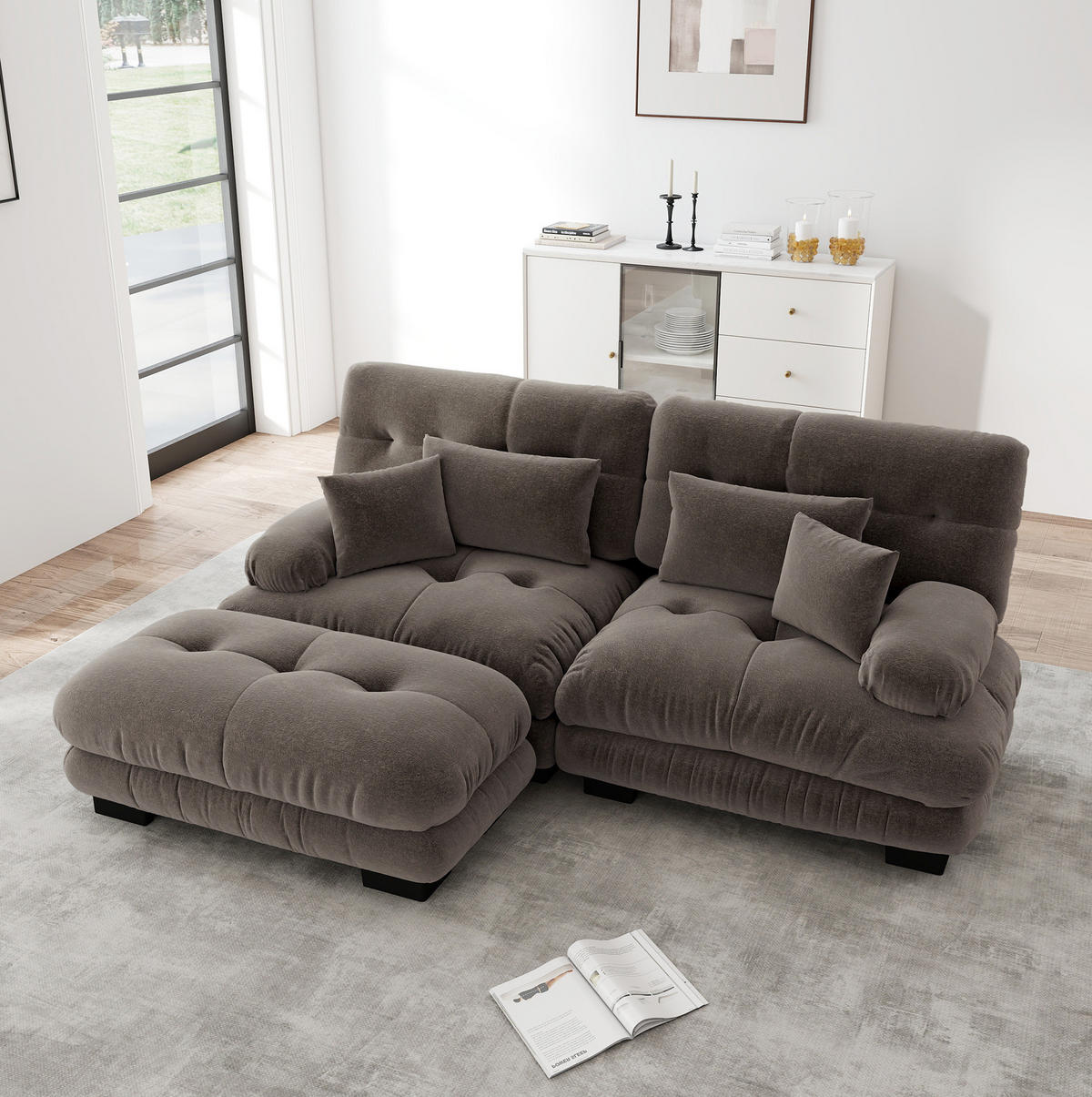 ROHOVÁ sedačka s taburetkami, ženilka, hnedá, 220/145 cm - hnedá, textil (145/220cm) - Flora Grace