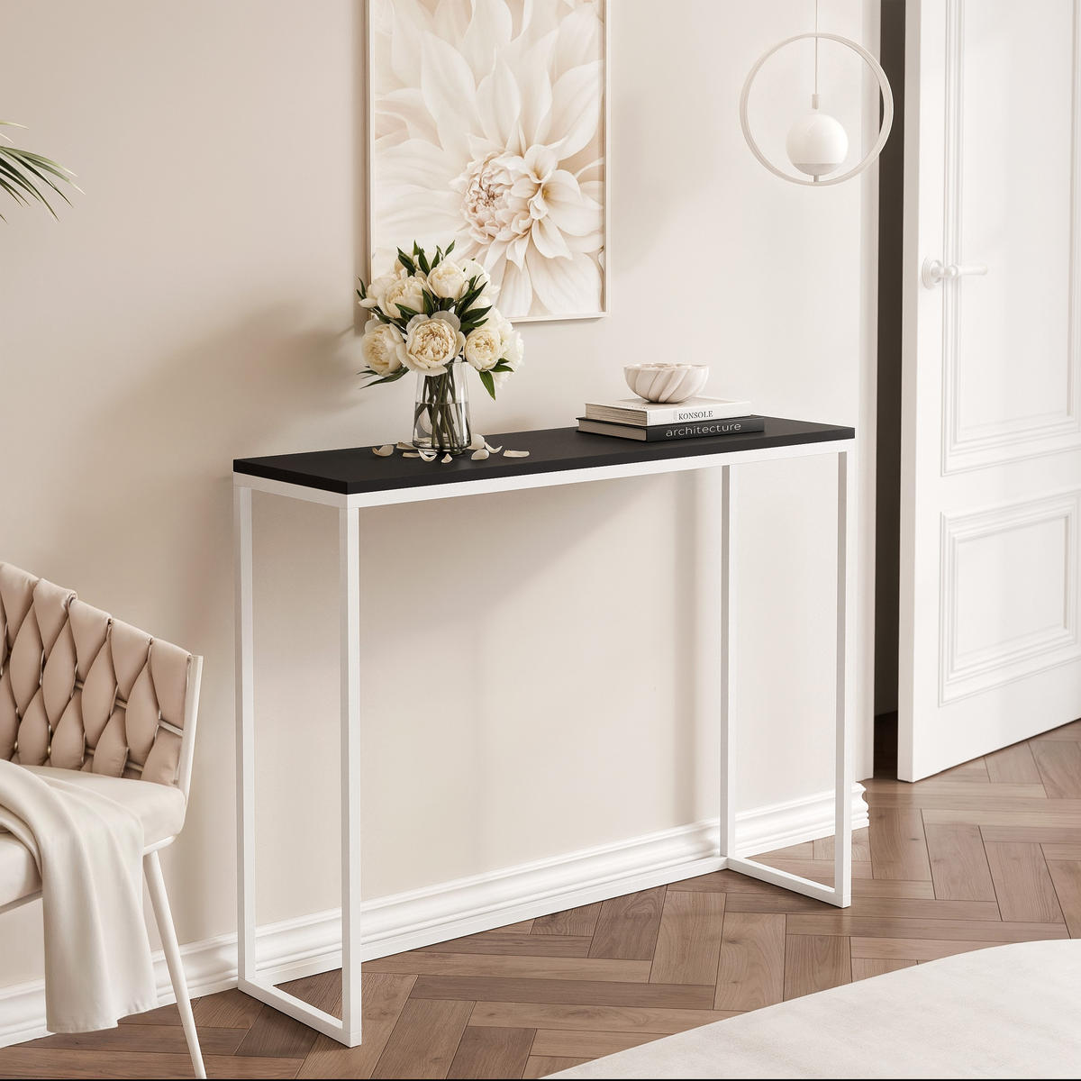 KONSOLENTISCH LORA 80 cm, Weiß / Schwarz matt - Schwarz/Weiß, Metall (30/80/80cm) - Idohome