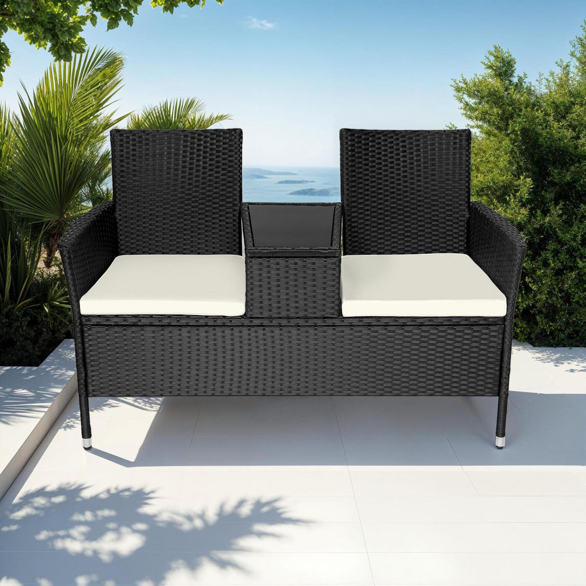 RATTAN GARTENSITZBANK Narbonne,131 x 59 x 82 cm,schwarz/beige - Beige/Schwarz, Kunststoff (61/82/131cm) - tectake
