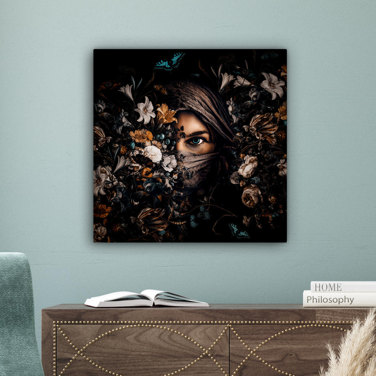 LEINWANDBILD Frau - Luxus - Blumen - Schmetterling - Porträt Wandbild Wohnzimmer 50x50 cm - Schwarz, Textil (50/50cm) - MuchoWow