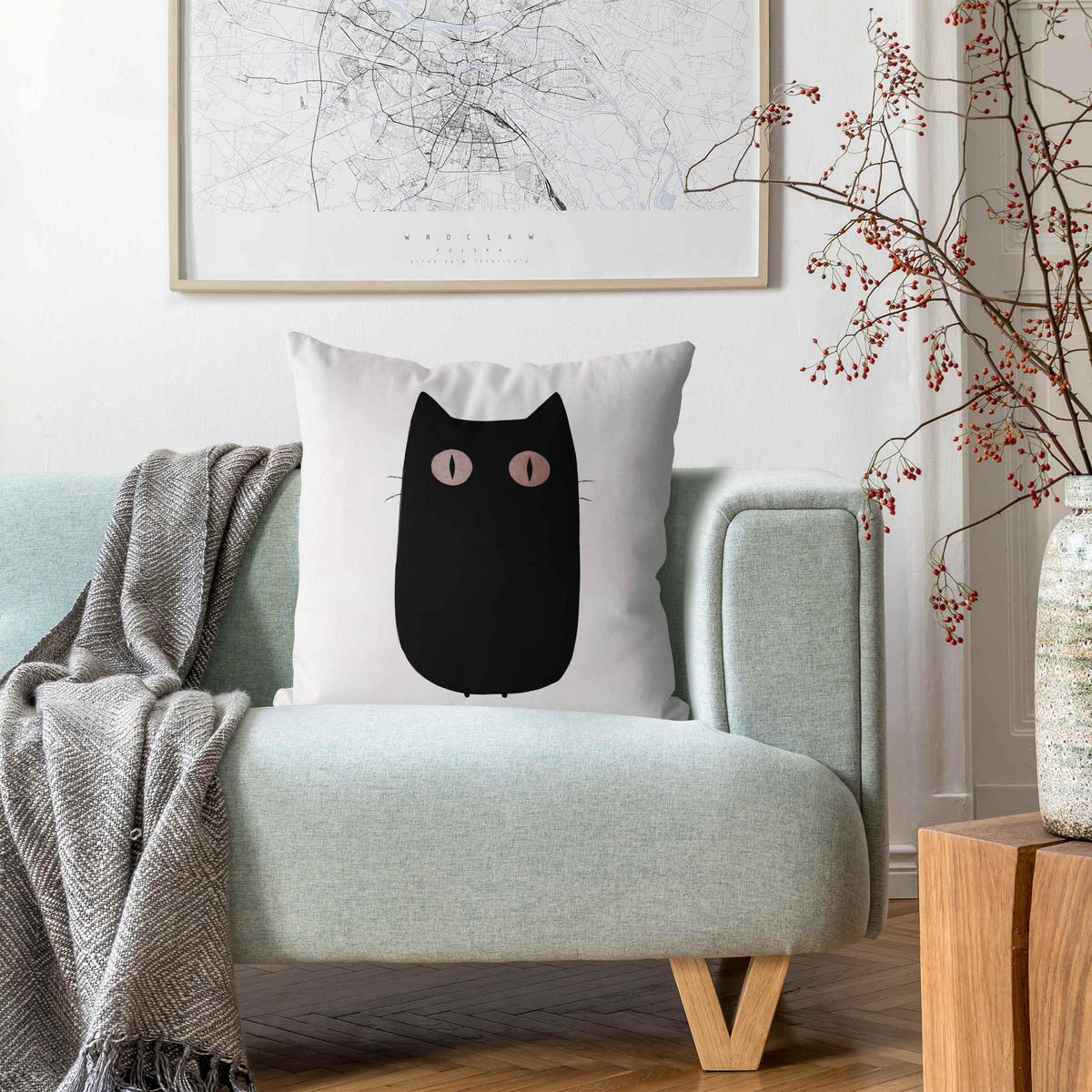 KISSENBEZUG Schwarze Katze Illustration 50/50 cm - Schwarz, Textil (50/50cm) - Bilderwelten