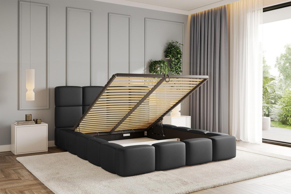 POLSTERBETT mit Bettkasten und Lattenrost, Bett mit Matratze H3/H4, Kopfteil, Boxbett, Doppelbett mit Stauraum - NATA 120x200 Schwarz - Schwarz, Holzwerkstoff/Textil (120/200cm) - ALTDECOR