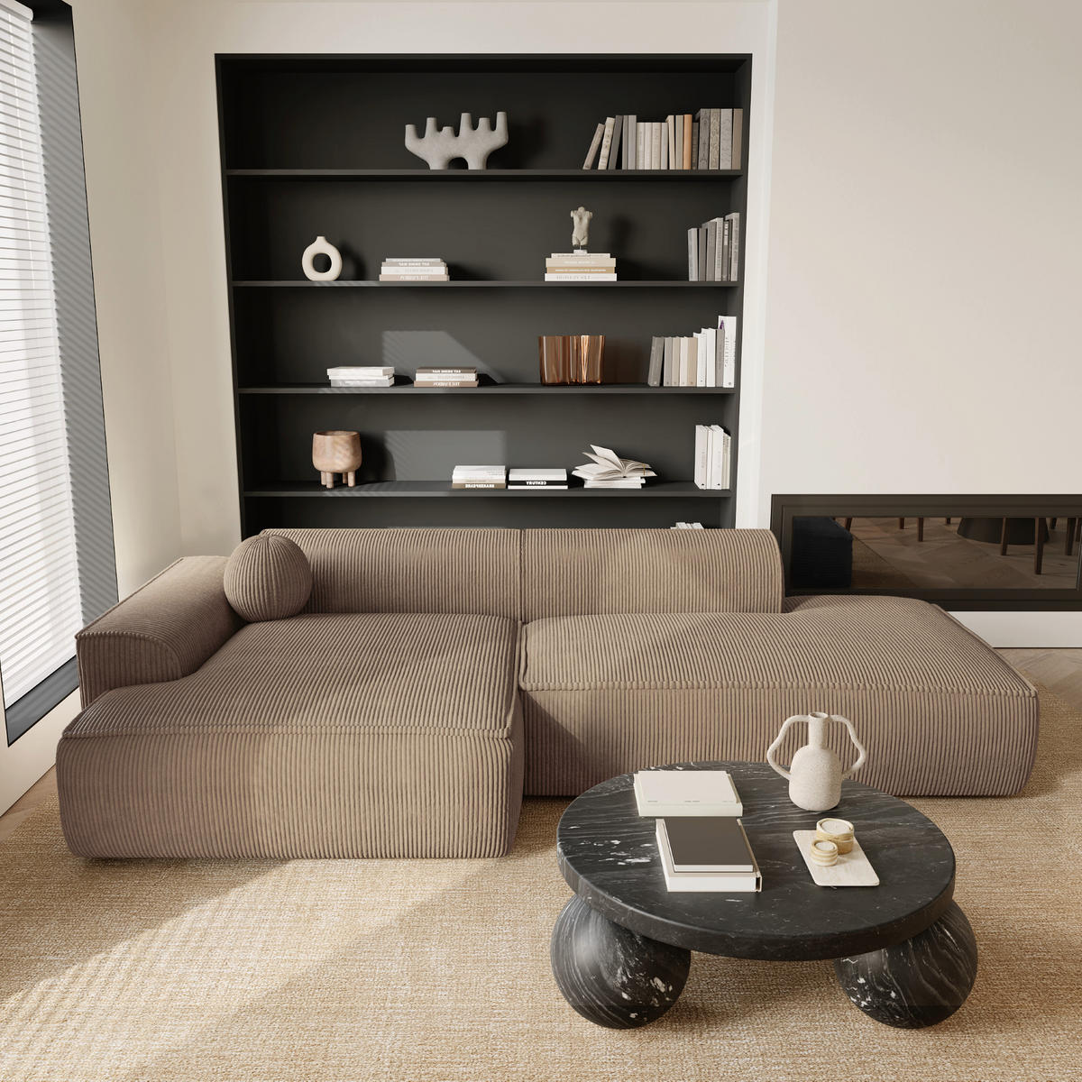 ECKSOFA LINKS Gerippter Samt Taupe 260cm - Taupe, Textil (155/260cm) - Sia Home