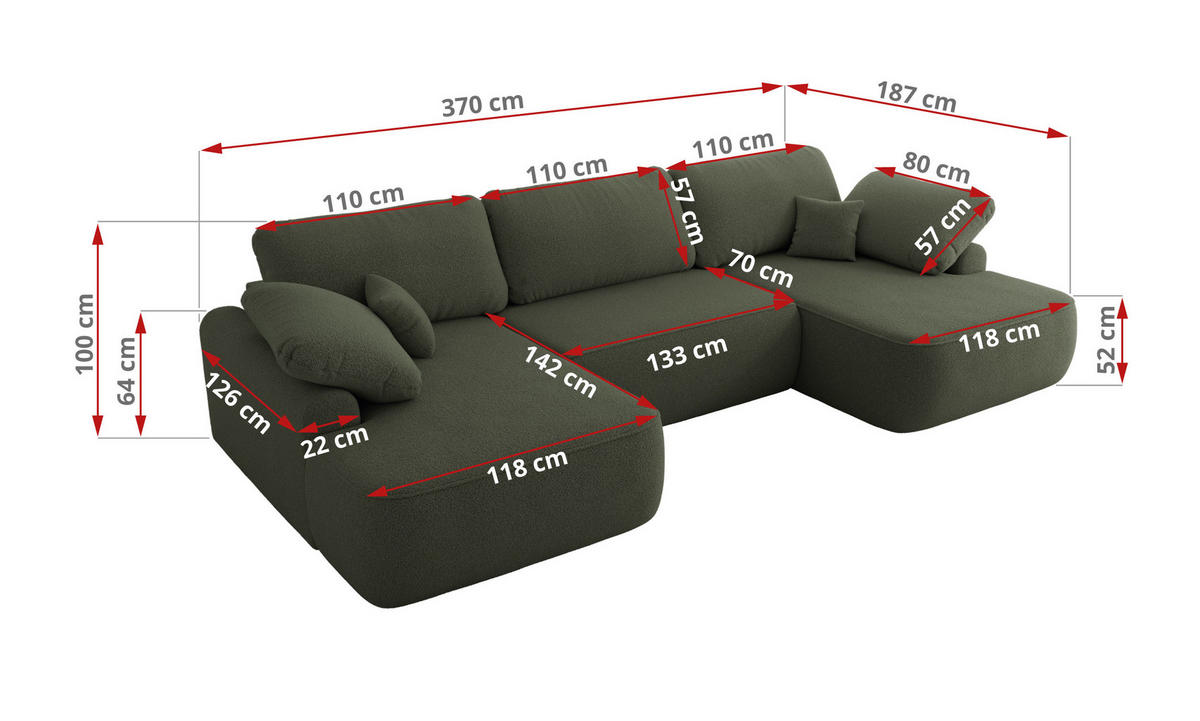 WOHNLANDSCHAFT CUBO U Dunkelgrün Boucle - Dunkelgrün/Schwarz, Kunststoff/Textil (370/100/187cm) - MKS