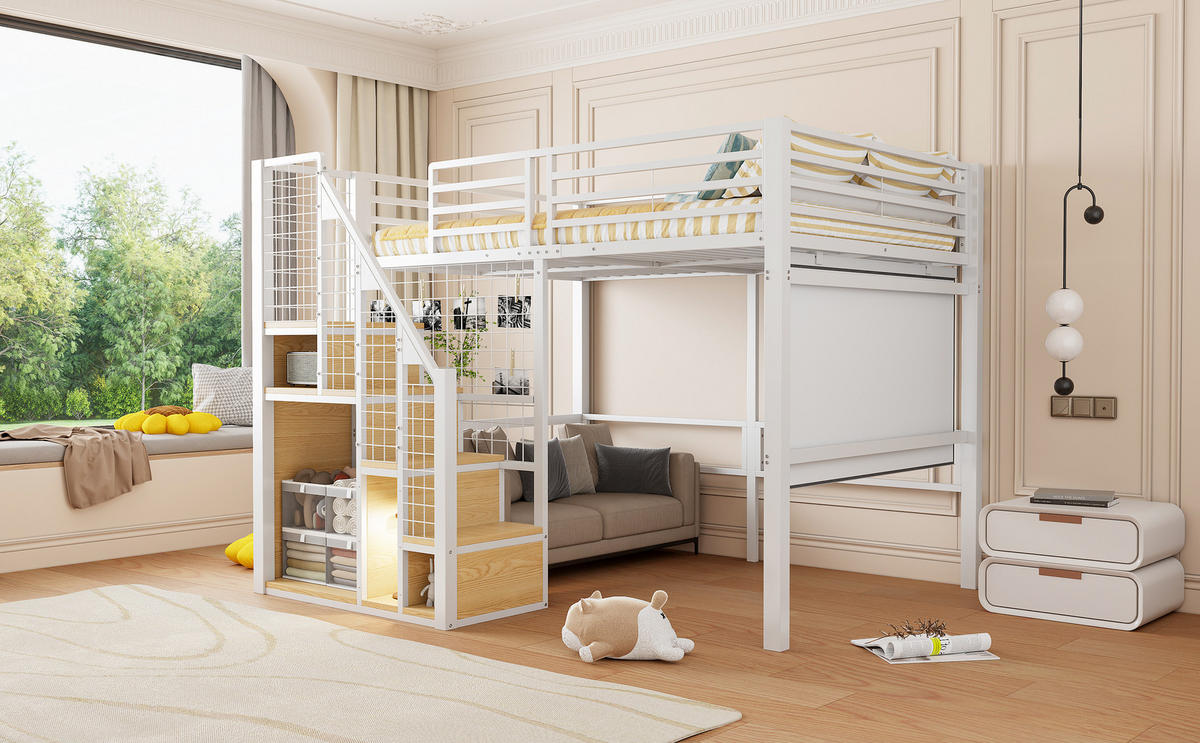 HOCHBETT 140x200 cm Metall Leiter Ablage weiß - Weiß, Metall (140/200cm) - LEBENLANG