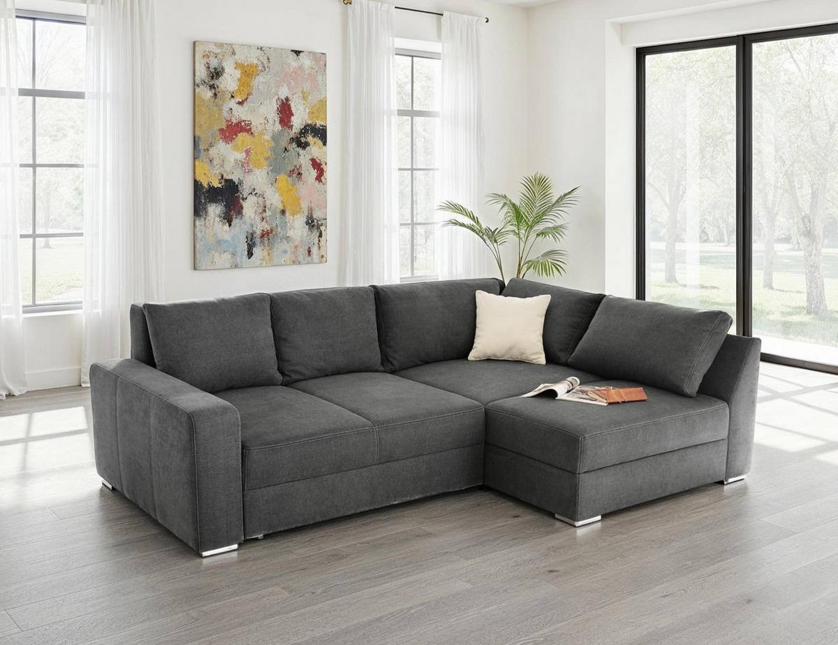 ECKSOFA-DAUERSCHLÄFER Boxspring Federkern Topper Bettkasten, seitenverkehrt montierbar B260/T181/H88 cm, Mikrofaser in Dunkelgrau / 15107 - Chromfarben/Dunkelgrau, Textil/Metall (260/181cm) - luma-home