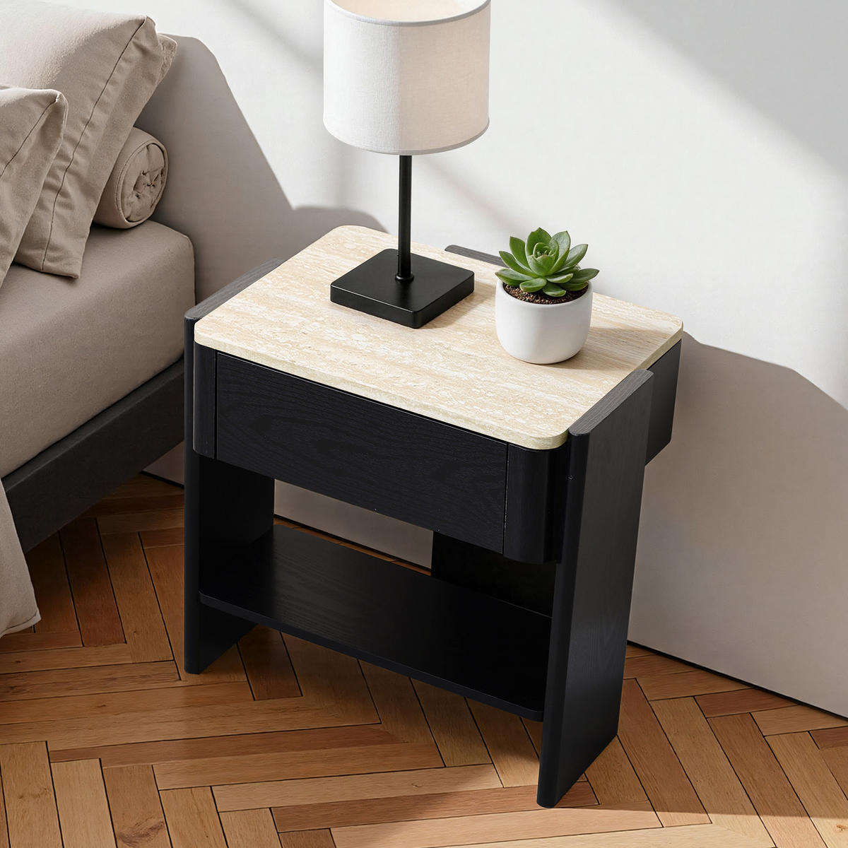 NACHTTISCH schwarz, B 55 × T 40 × H 53 cm - Schwarz, Holz (55/53/40cm) - Hometopia