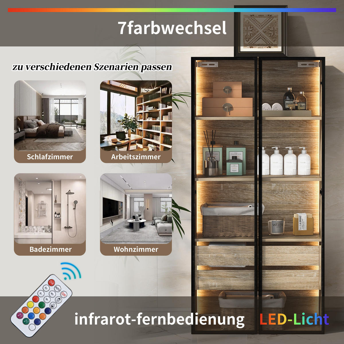 VITRINE in Naturfarbe Highboard mit Lichtleiste und Schubladen für Badezimmer, B74/T36/H155 cm - Transparent/Naturfarben, Glas/Holzwerkstoff (74/155/36cm) - STILVORA