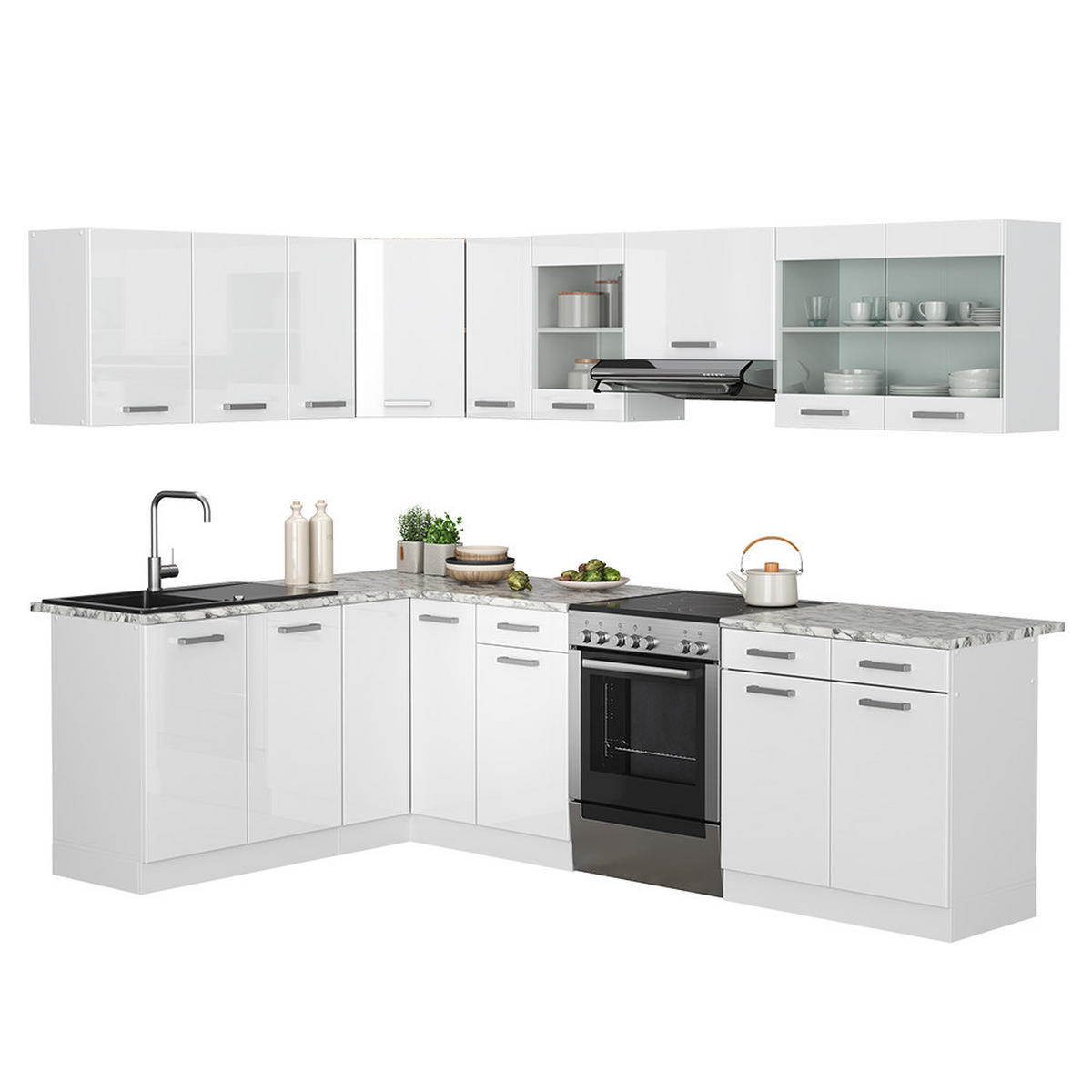 ECKKÜCHE Rick Weiß/Weiß Hochglanz 267 x 167 cm , AP Marmor - Weiß Hochglanz/Weiß, Holzwerkstoff (270/81.6/60cm) - Vicco