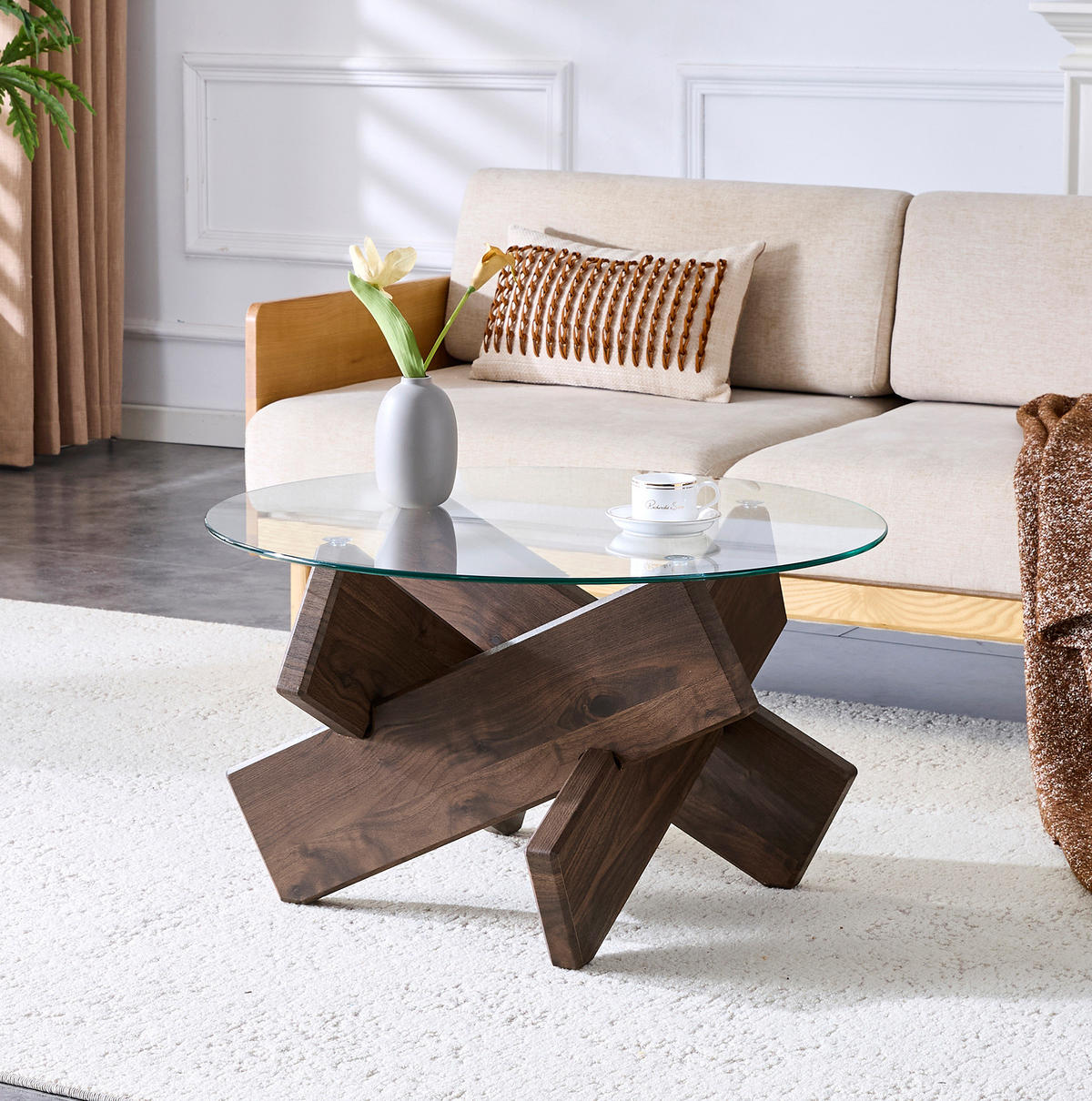 COUCHTISCH, MDF mit Walnussdekor & 0,8 cm gehärtete Glastischplatte, kreuzförmige Stütze, 79/79/45 cm,Walnussfarben - Walnussfarben, Holzwerkstoff (79/79/45cm) - Redom