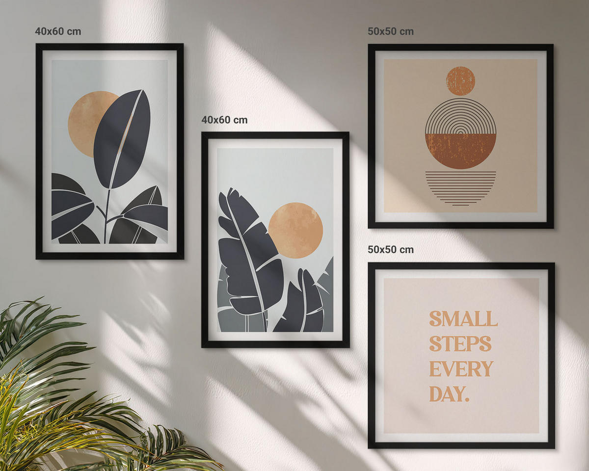 BILDER SET 4er Set - 50x50 cm & 40x60 cm Schwarzer Rahmen - Pflanzenmuster große minimalistische Sonnen - Schwarz, Kunststoff (50/50cm) - TULUP