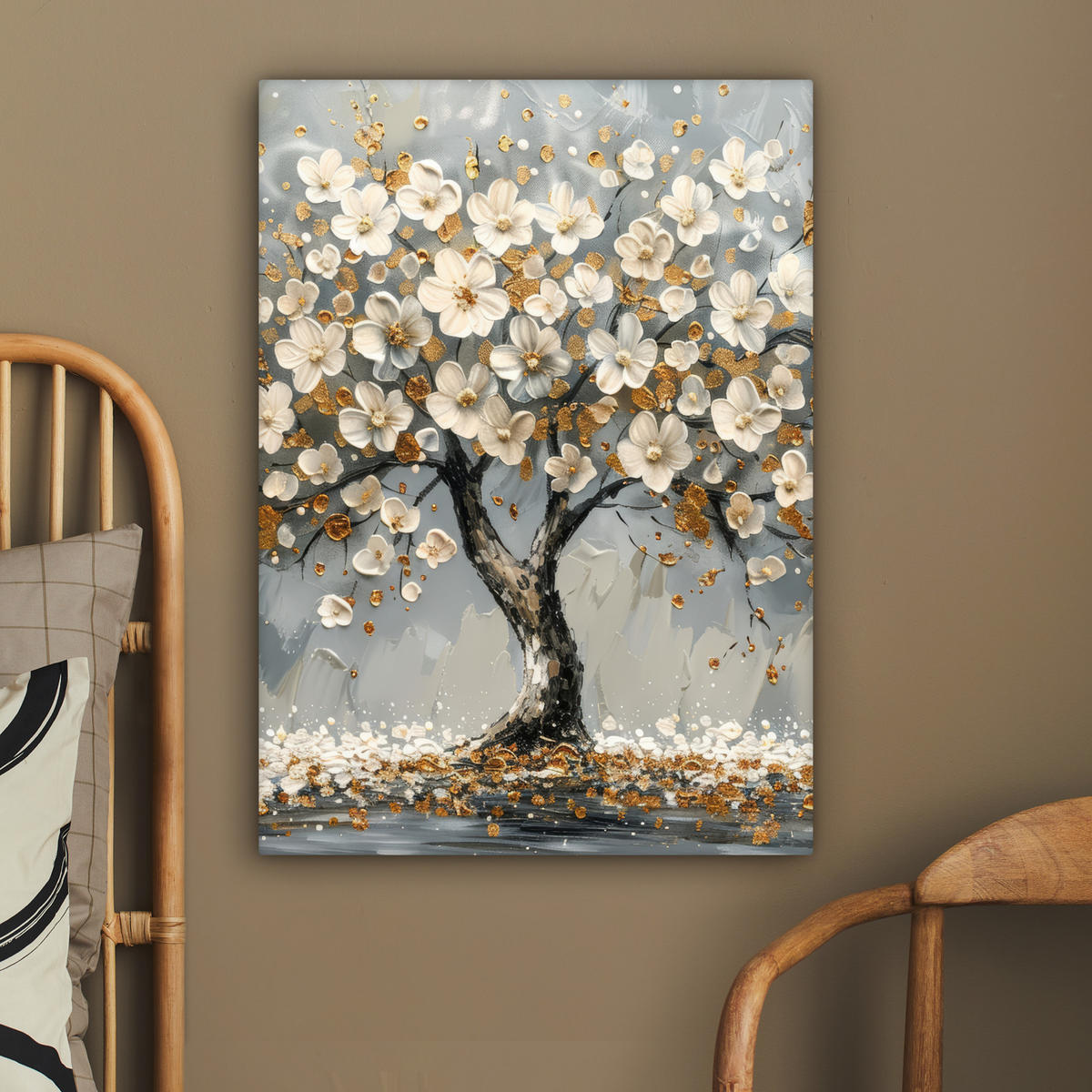 LEINWANDBILD Baum - Blumen - Weiß - Natur - Kunst Wandbild Wohnzimmer 60x80 cm - Weiß, Textil (60/80cm) - MuchoWow